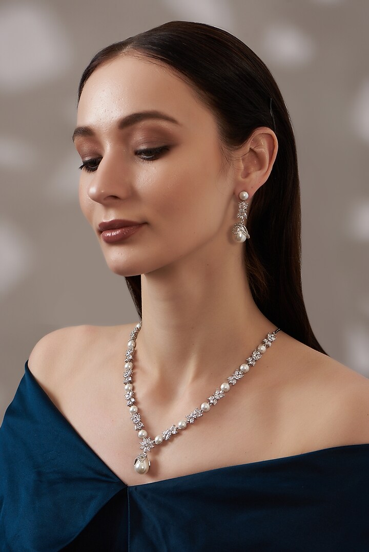 White Finish Faux Diamond Necklace Set by Aster at Pernia's Pop Up Shop