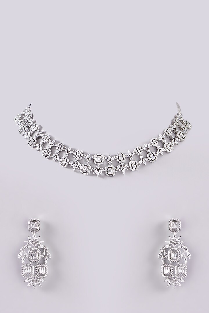 White Finish Faux Diamond Necklace Set by Aster at Pernia's Pop Up Shop
