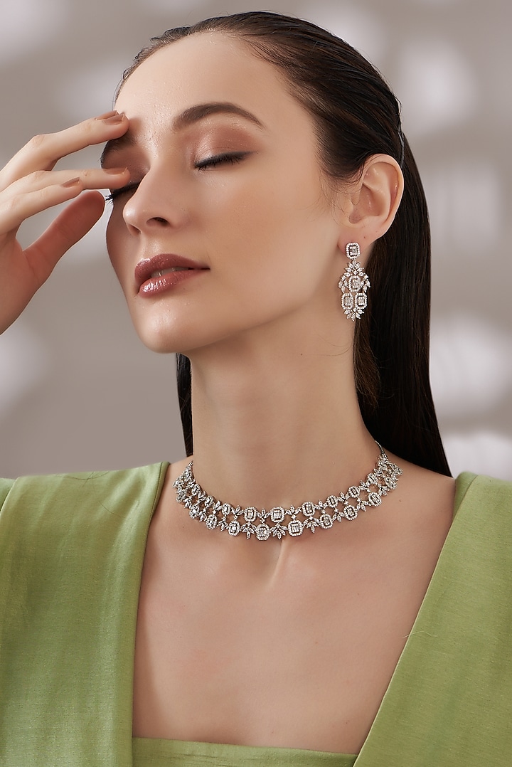 White Finish Faux Diamond Necklace Set by Aster at Pernia's Pop Up Shop