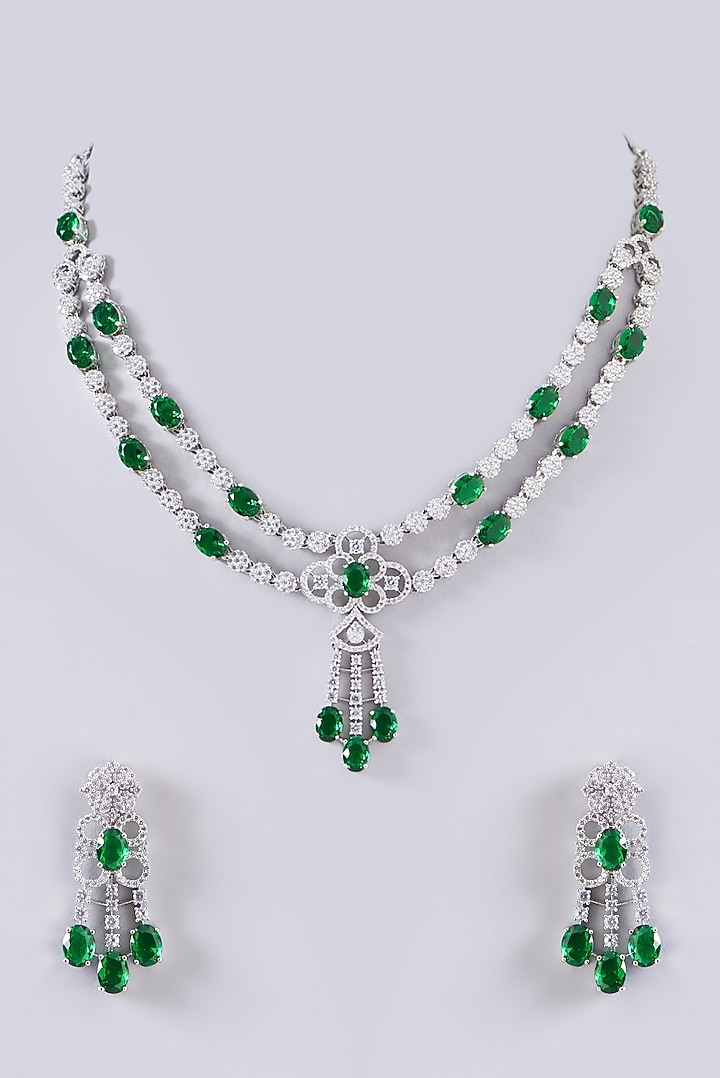 White Finish Green Stone Layered Necklace Set by Aster at Pernia's Pop Up Shop