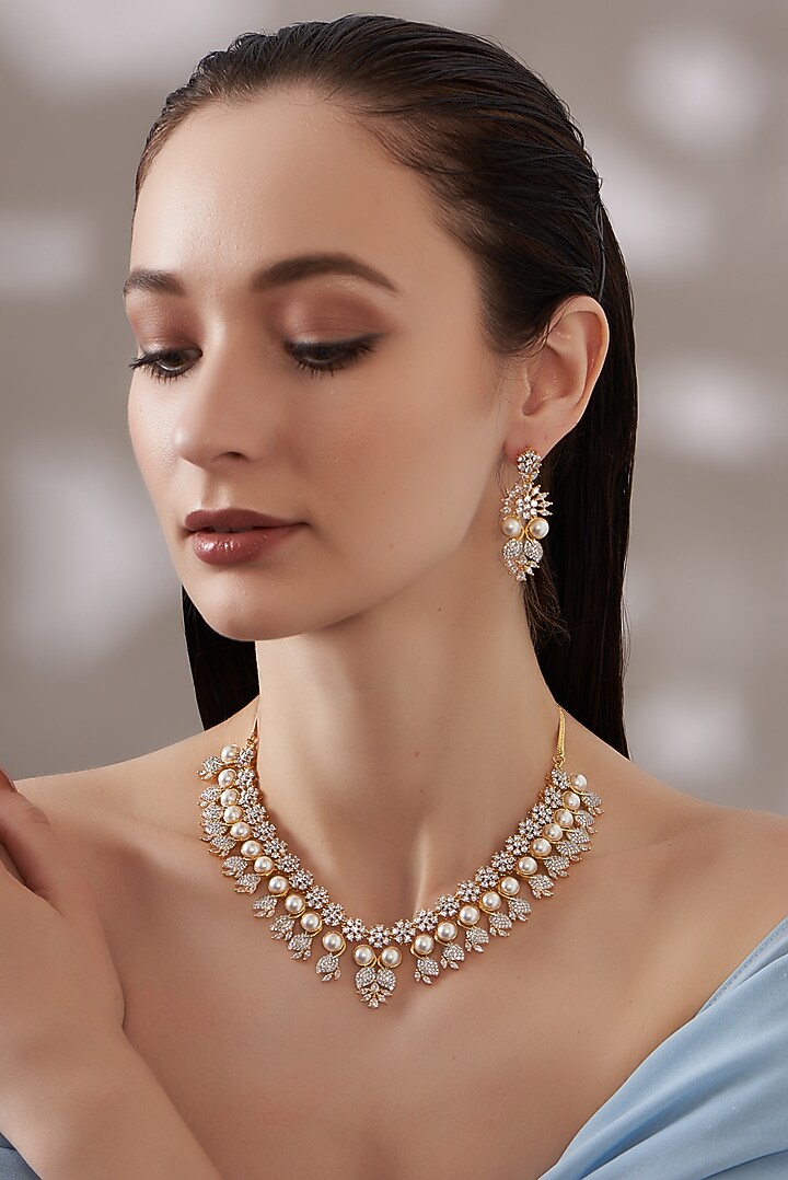 Gold Finish Faux Diamond Necklace Set Design by Aster at Pernia's Pop