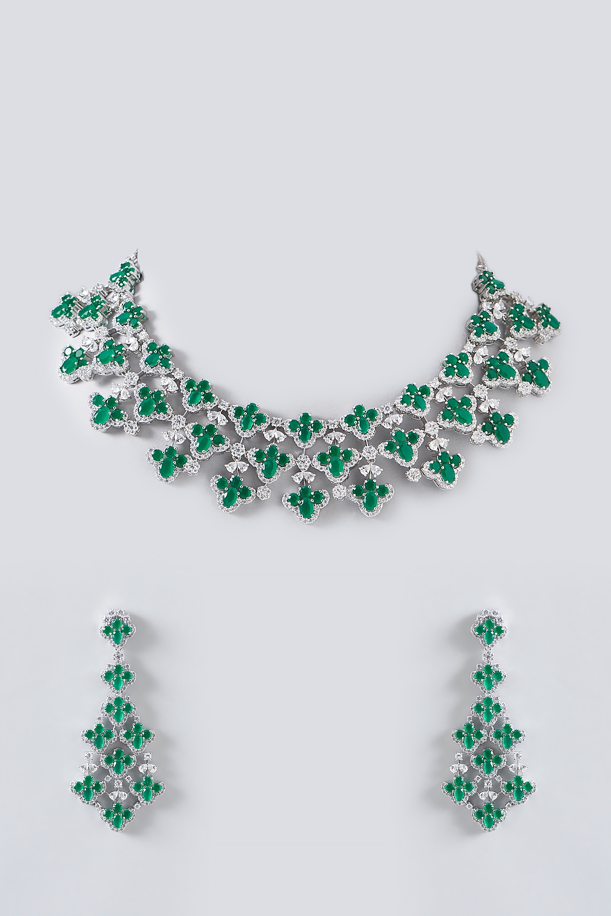 White Finish Zircon & Emerald Choker Necklace Set by Aster at
