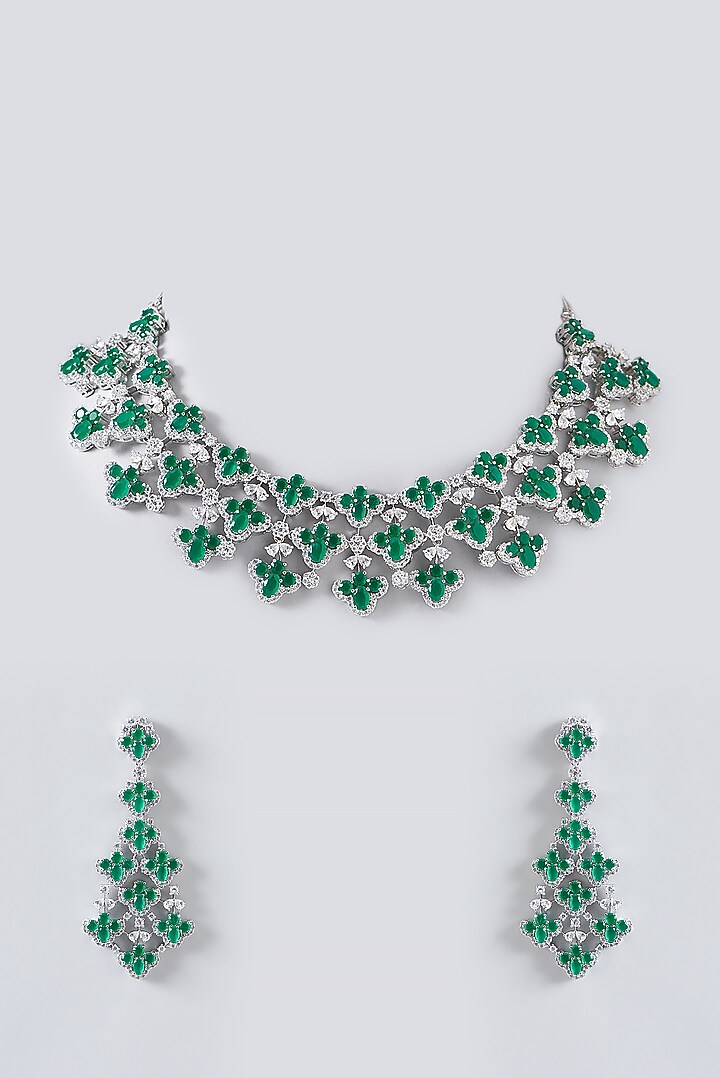 White Finish Zircon & Emerald Choker Necklace Set by Aster at Pernia's Pop Up Shop
