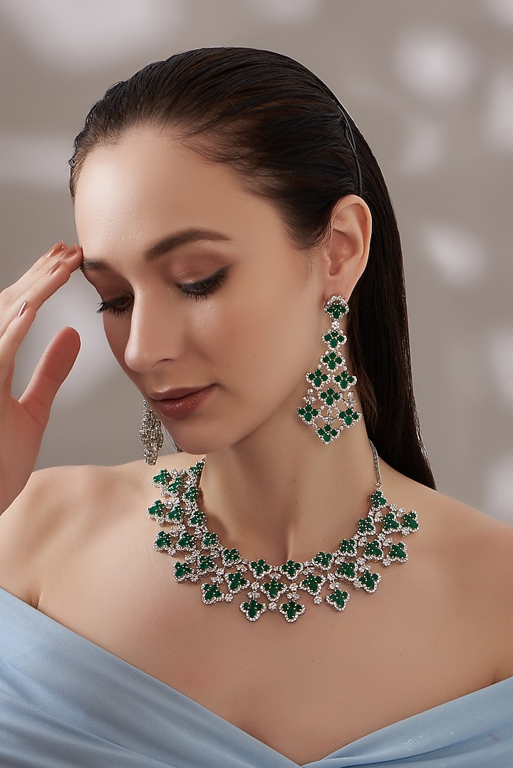 White Finish Zircon & Emerald Choker Necklace Set by Aster at Pernia's Pop Up Shop