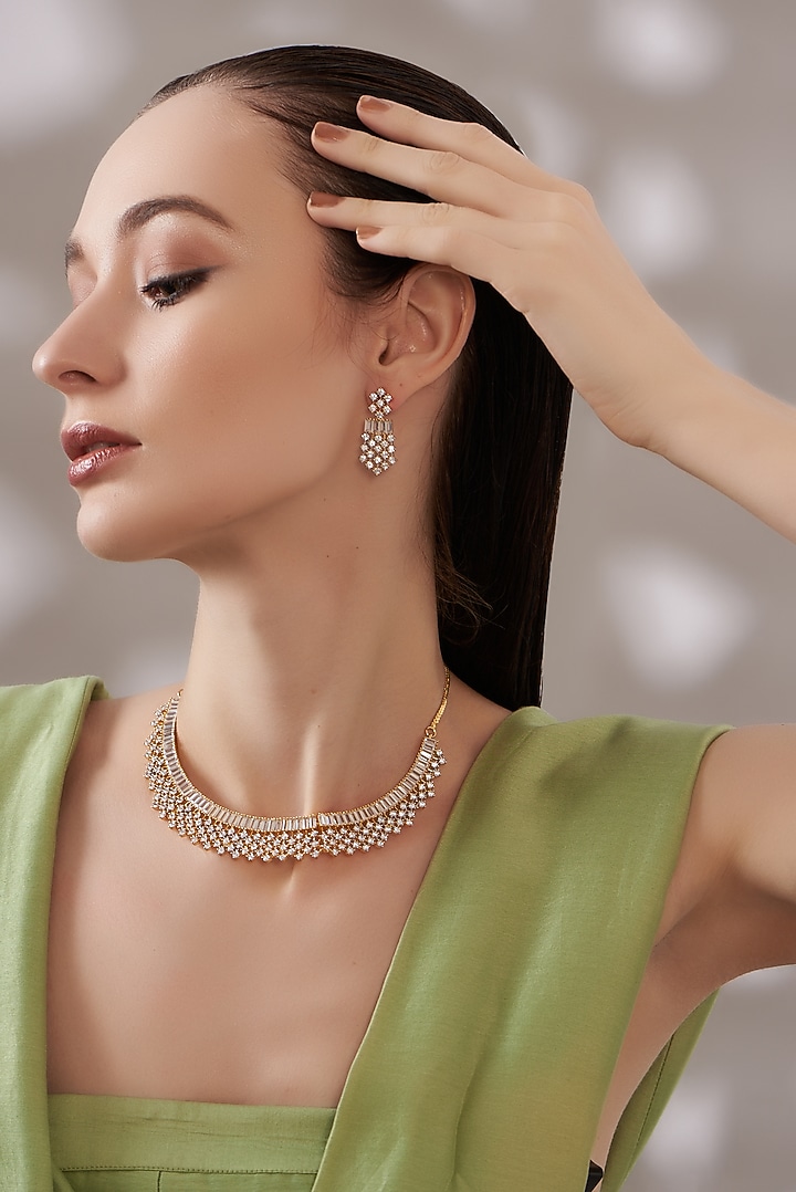 Gold Finish Faux Diamond Choker Necklace Set by Aster at Pernia's Pop Up Shop
