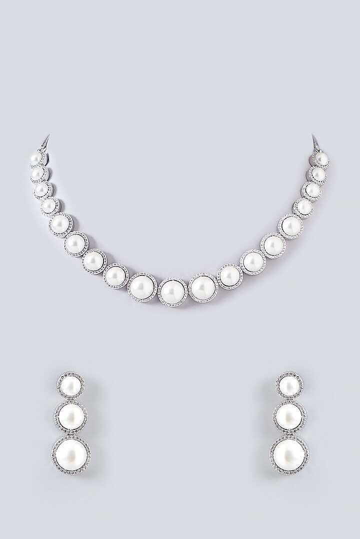 White Finish Faux Diamond & Pearl Necklace Set by Aster at Pernia's Pop Up Shop