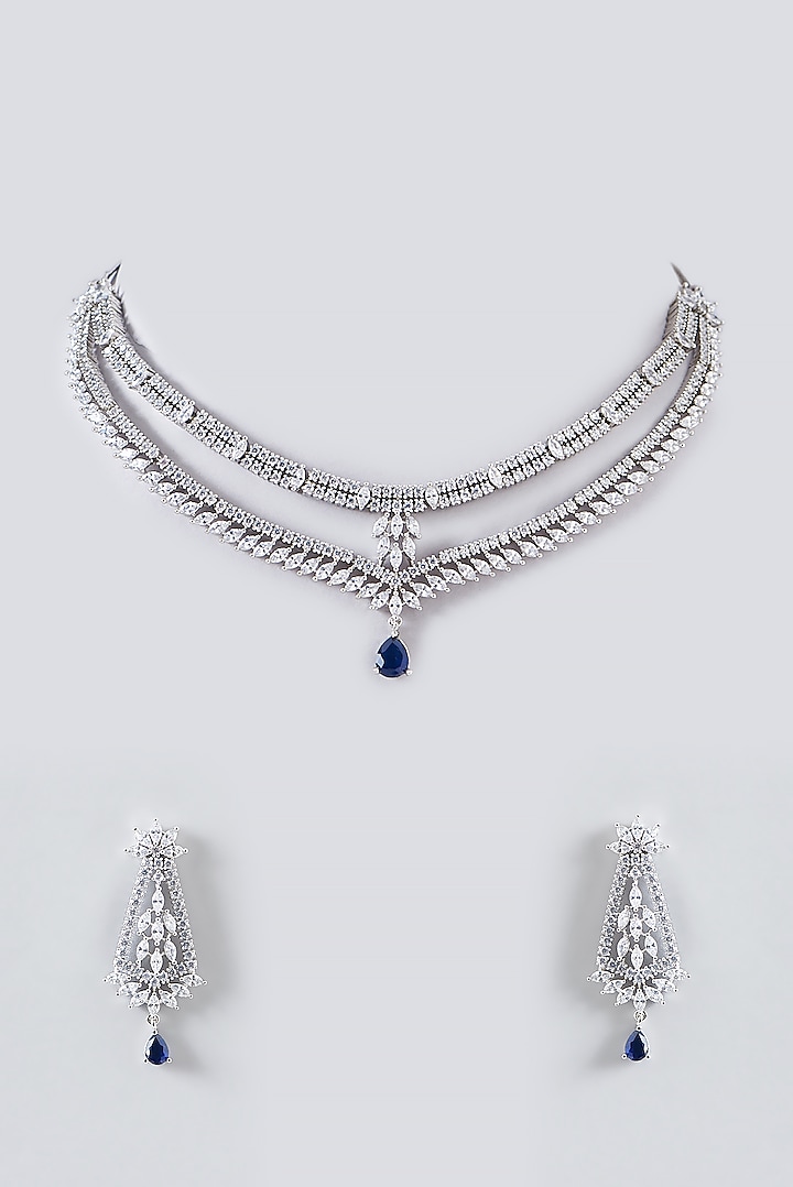 White Finish Zircon & Blue Stone Necklace Set
 by Aster