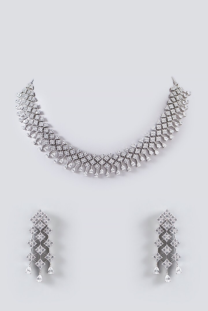 White Finish Faux Diamond Necklace Set by Aster at Pernia's Pop Up Shop