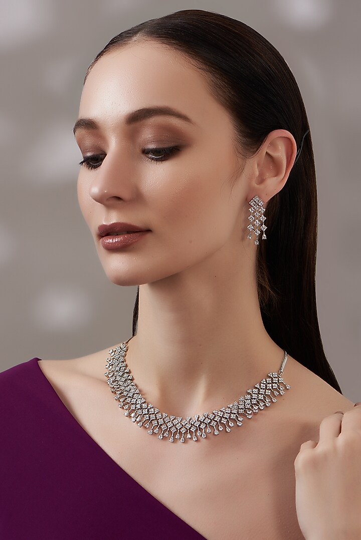 White Finish Faux Diamond Necklace Set by Aster at Pernia's Pop Up Shop
