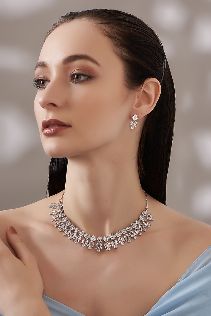 White Finish Faux Diamond Necklace Set by Aster at Pernia's Pop Up Shop