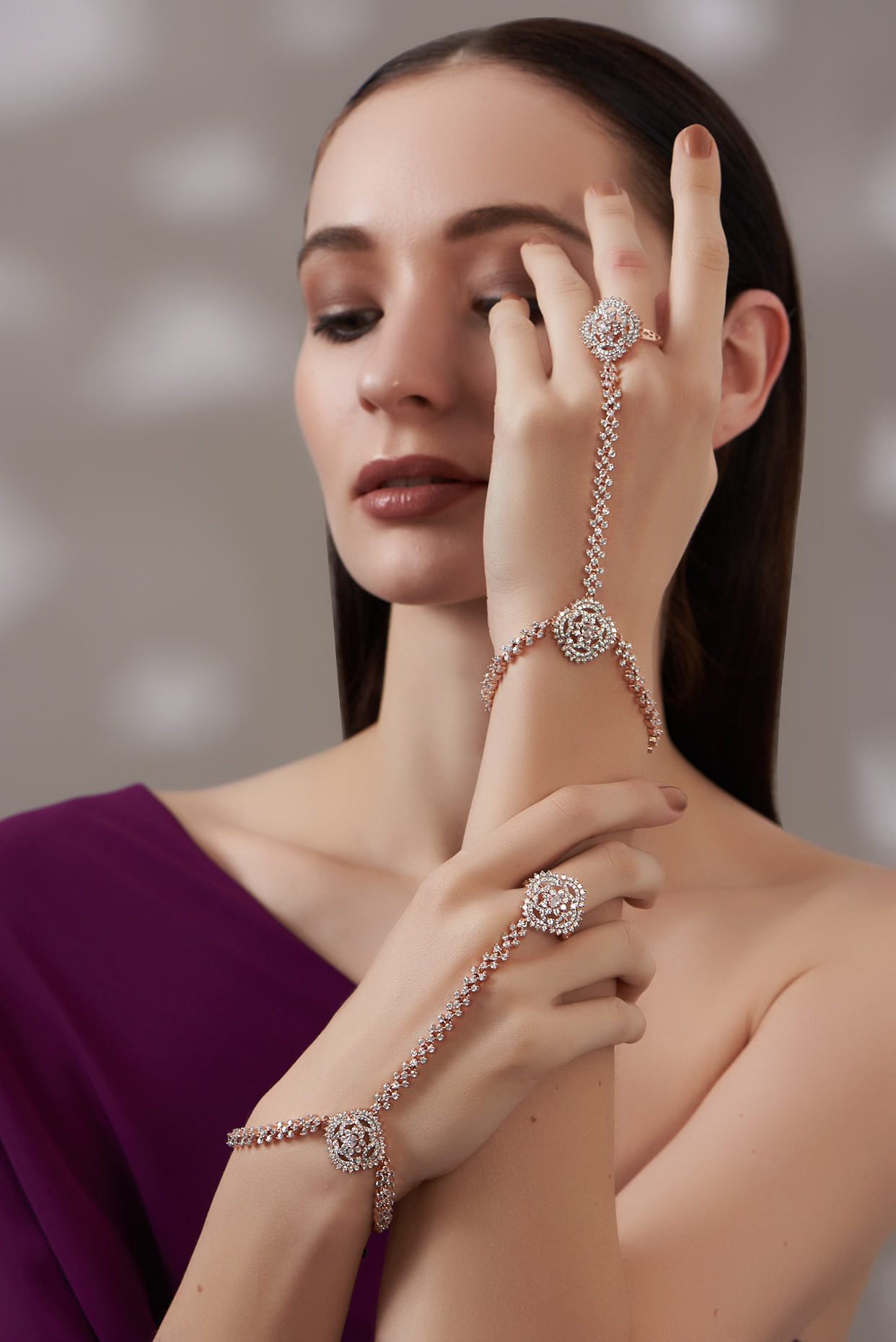 Rose Gold Finish Faux Diamonds Hathphool (Set of 2) by Aster at Pernia's Pop Up Shop