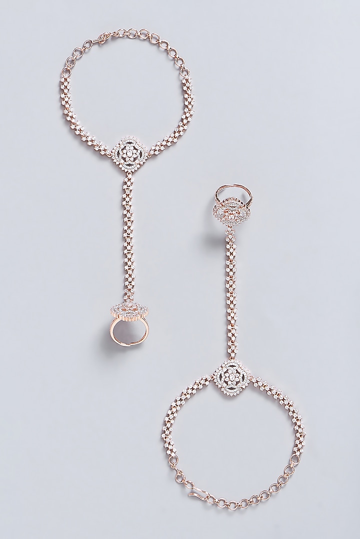Rose Gold Finish Faux Diamonds Hathphool (Set of 2) by Aster at Pernia's Pop Up Shop