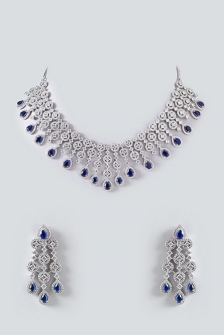 White Finish Zircon & Blue Stone Necklace Set by Aster at Pernia's Pop Up Shop