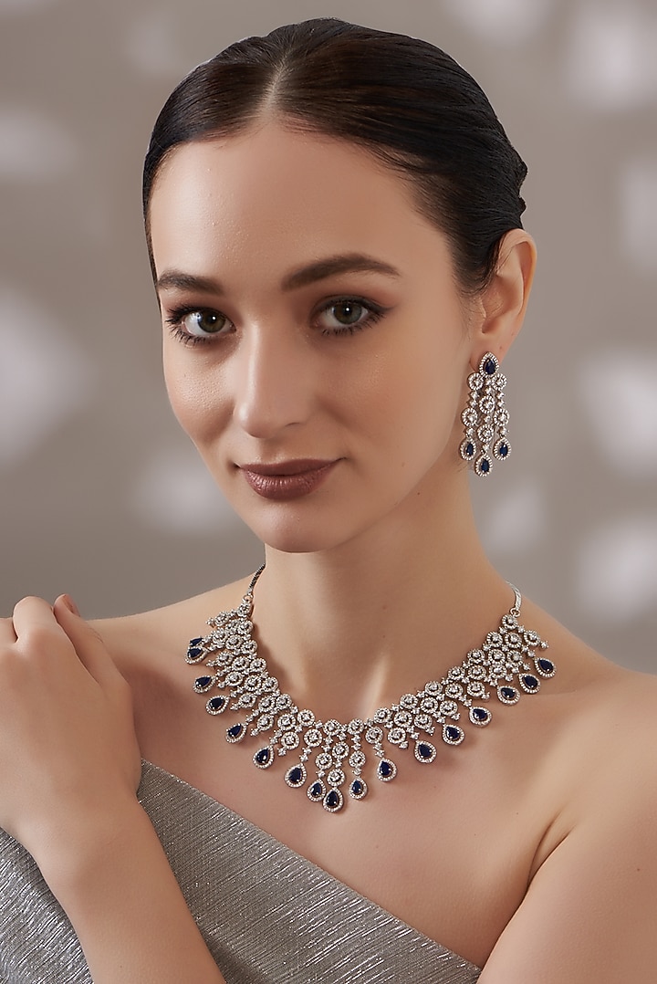 White Finish Zircon & Blue Stone Necklace Set by Aster at Pernia's Pop Up Shop
