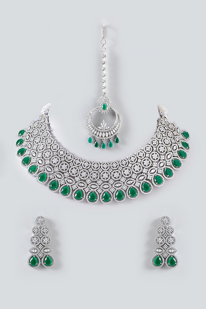 White Finish Zircon & Emerald Choker Necklace Set by Aster at Pernia's Pop Up Shop