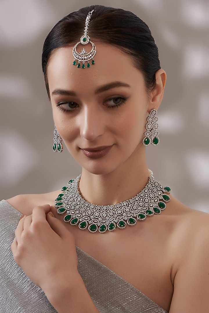 White Finish Zircon & Emerald Choker Necklace Set by Aster at Pernia's Pop Up Shop