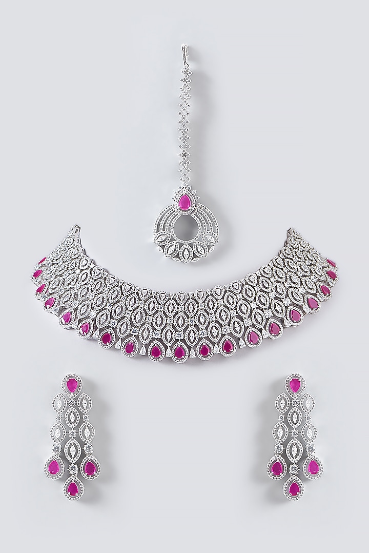 White Finish Zircon & Ruby Choker Necklace Set by Aster at Pernia's Pop Up Shop