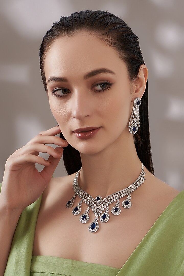 White Finish Zircon & Sapphire Choker Necklace Set by Aster at Pernia's Pop Up Shop