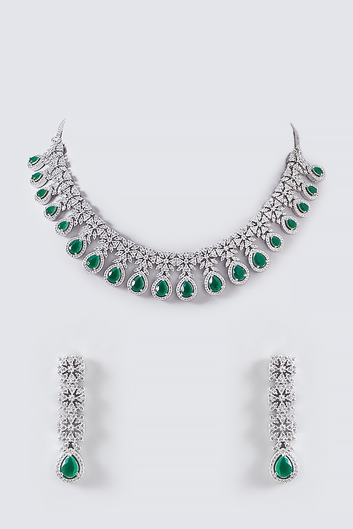 White Finish Zircon & Emerald Necklace Set by Aster at Pernia's Pop Up Shop