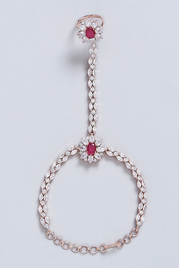 Rose Gold Finish Faux Diamond & Ruby Hathphool by Aster at Pernia's Pop Up Shop