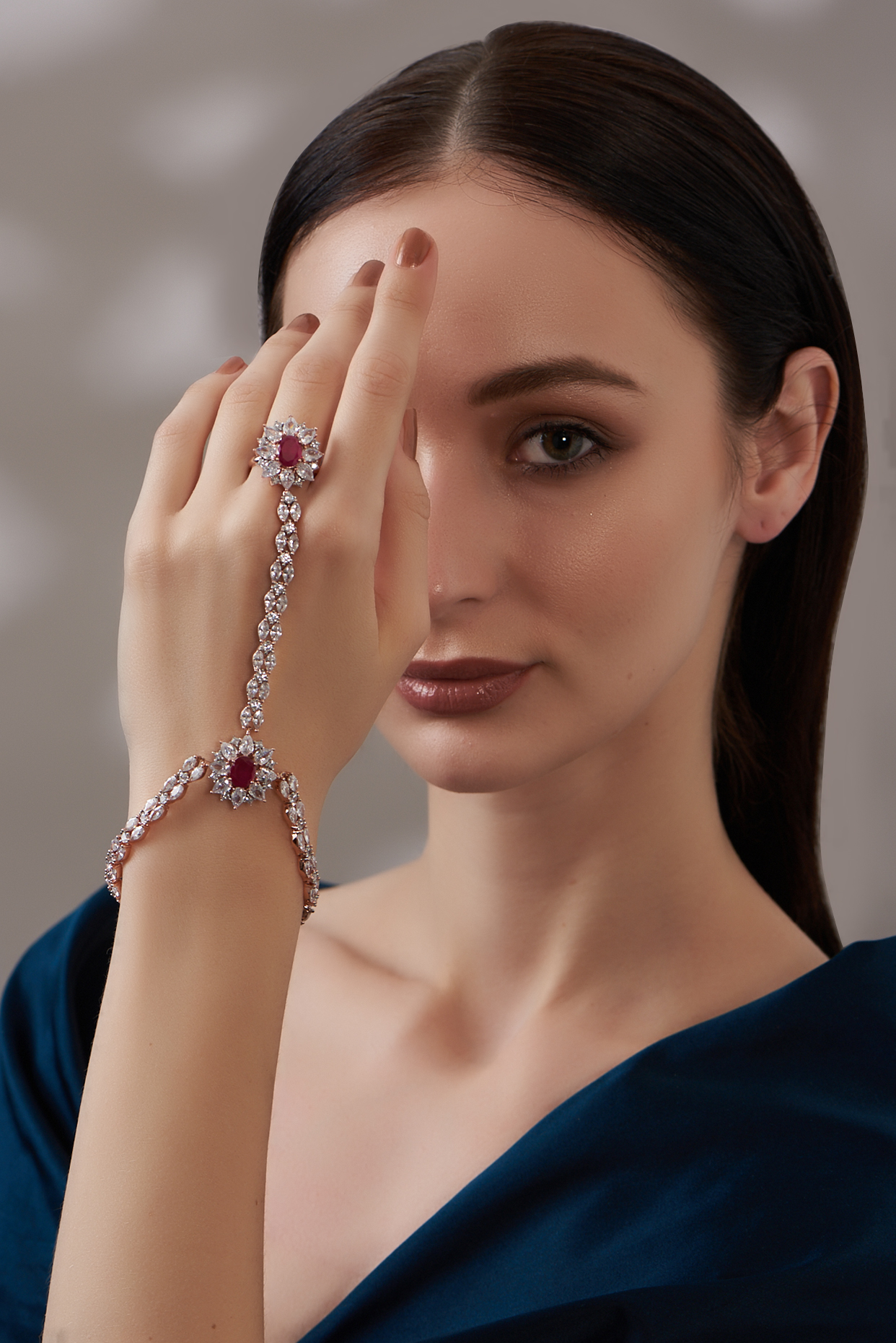 Rose Gold Finish Faux Diamond & Ruby Hathphool by Aster at Pernia's Pop Up Shop