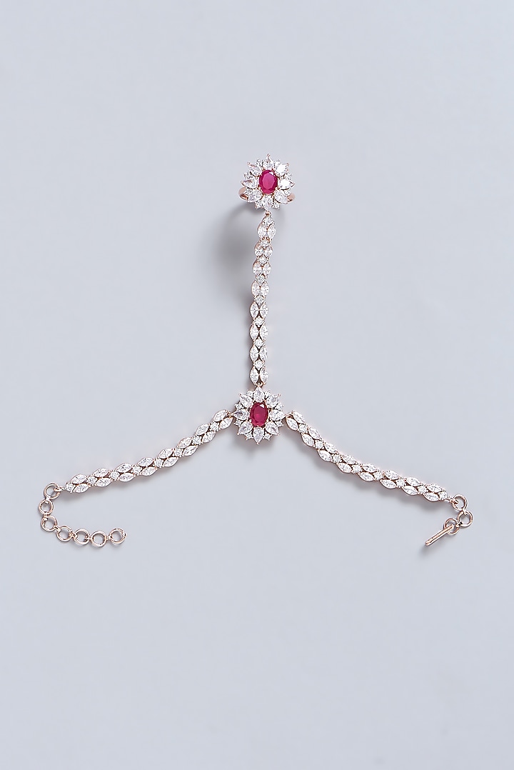 Rose Gold Finish Faux Diamond & Ruby Hathphool by Aster at Pernia's Pop Up Shop