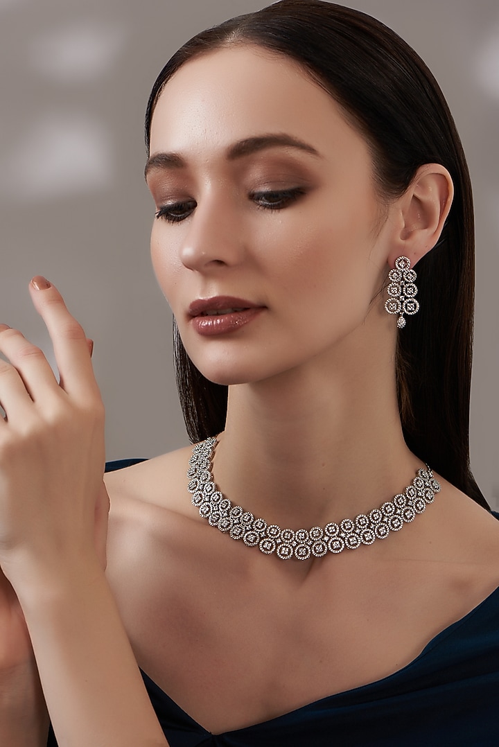 White Finish Faux Diamond Necklace Set by Aster at Pernia's Pop Up Shop