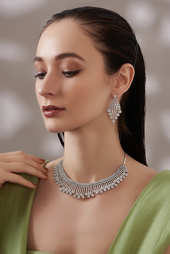 White Finish Faux Diamond Necklace Set by Aster at Pernia's Pop Up Shop