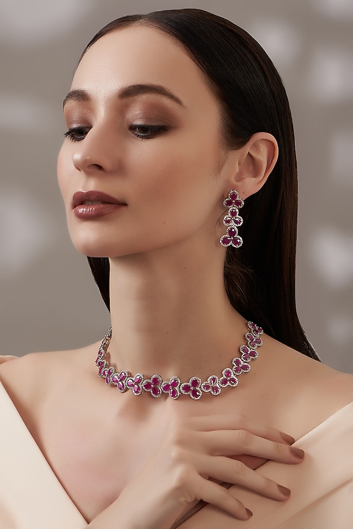 White Finish Zircon & Ruby Necklace Set by Aster