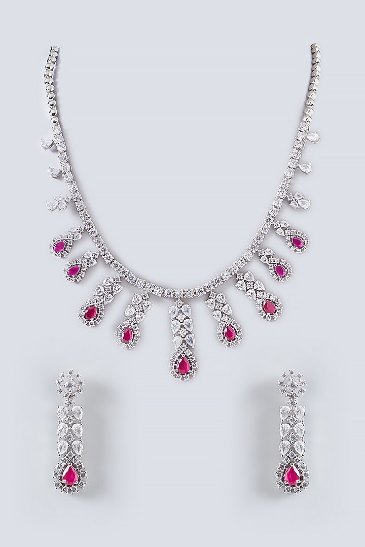 White Finish Red Stone Long Necklace Set by Aster at Pernia's Pop Up Shop