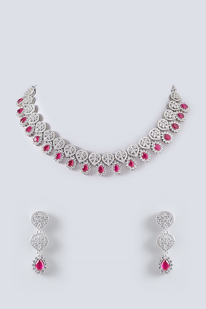 White Finish Faux Diamond Necklace Set Design by Aster at Pernia's Pop