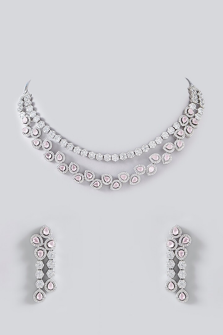 White Finish Faux Diamond Layered Necklace Set by Aster at Pernia's Pop Up Shop