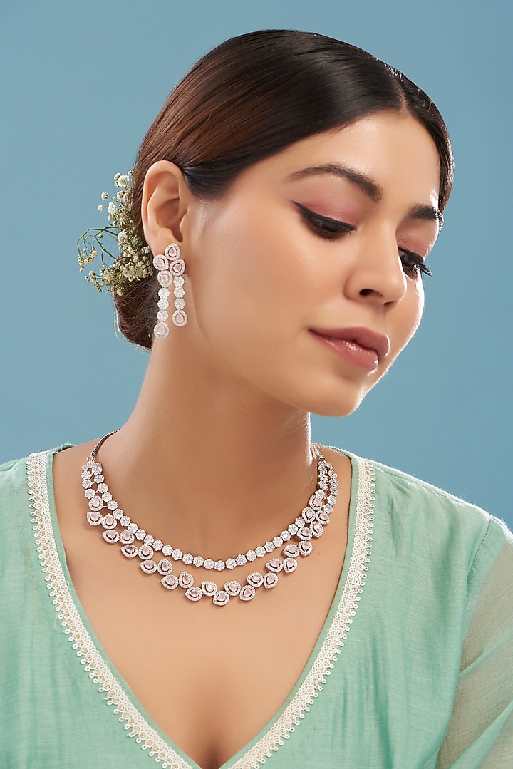 White Finish Faux Diamond Layered Necklace Set by Aster at Pernia's Pop Up Shop