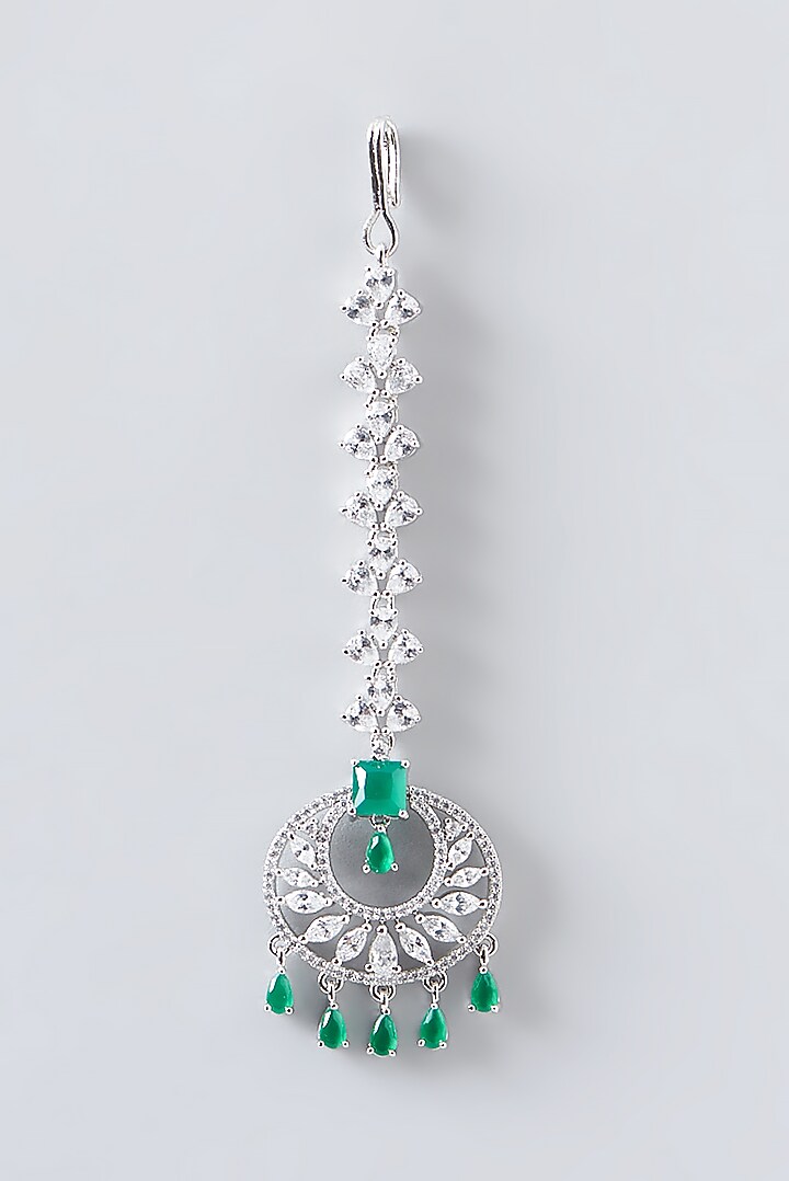 White Finish Green Stone Maang Tikka by Aster at Pernia's Pop Up Shop