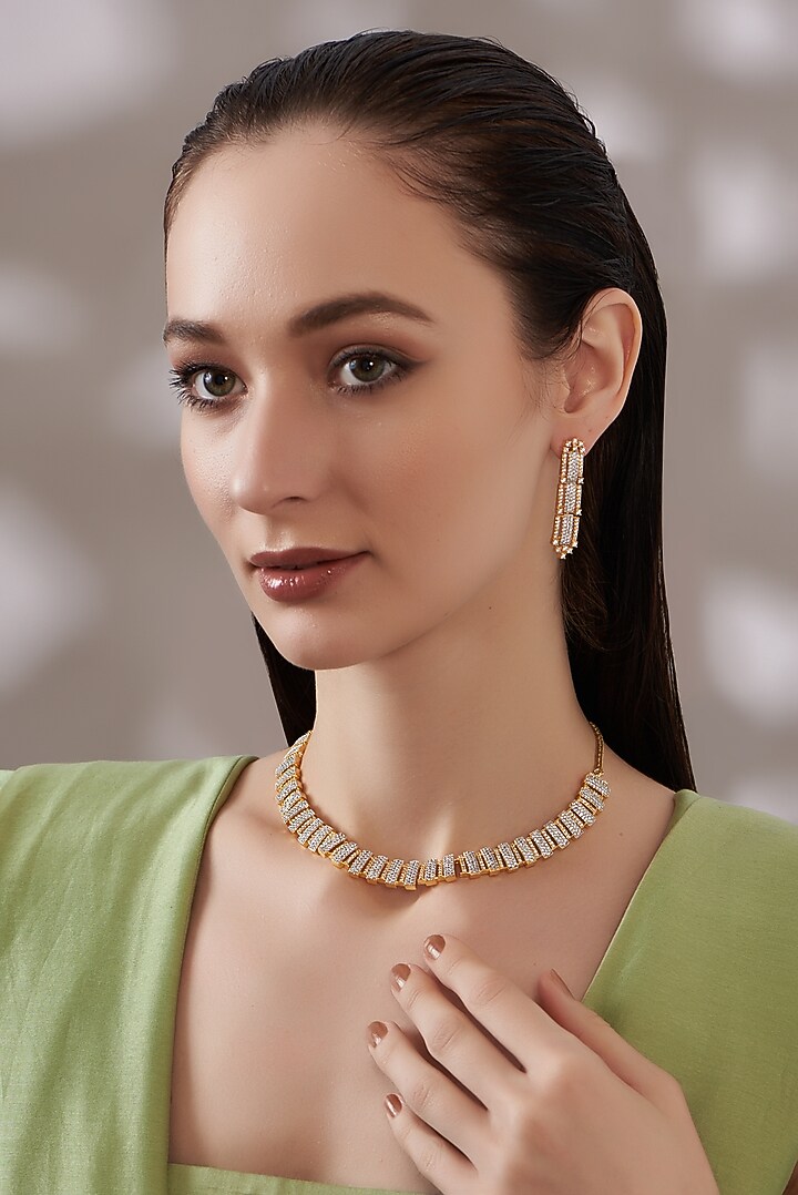 Gold Finish Faux Diamond Necklace Set Design by Aster at Pernia's Pop