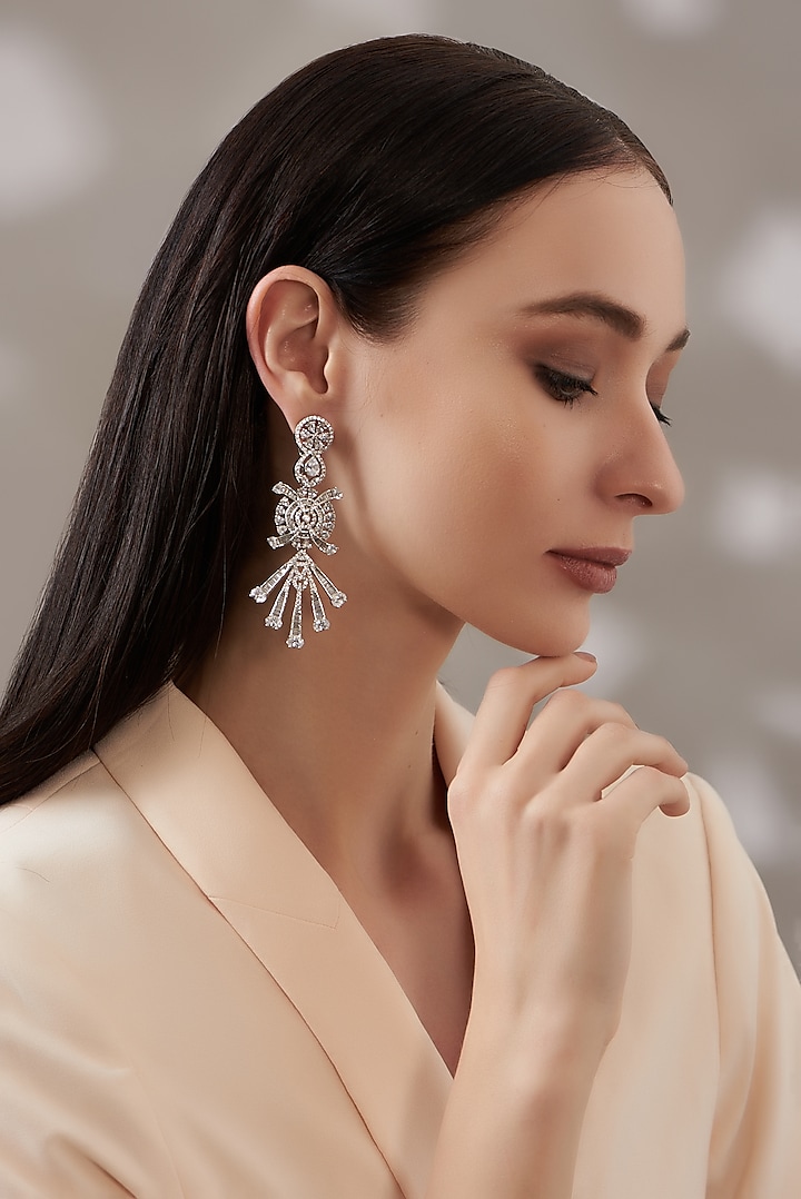White Finish Faux Diamond Dangler Earrings by Aster at Pernia's Pop Up Shop