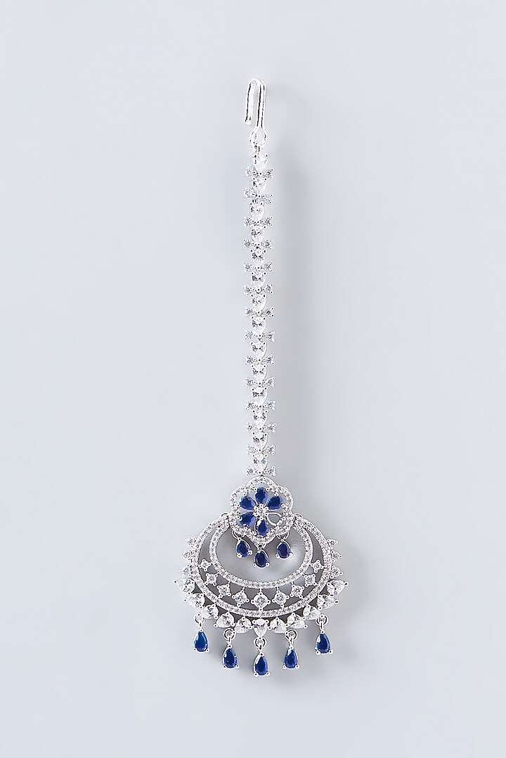 White Finish Faux Diamond & Blue Stone Maangtikka by Aster at Pernia's Pop Up Shop