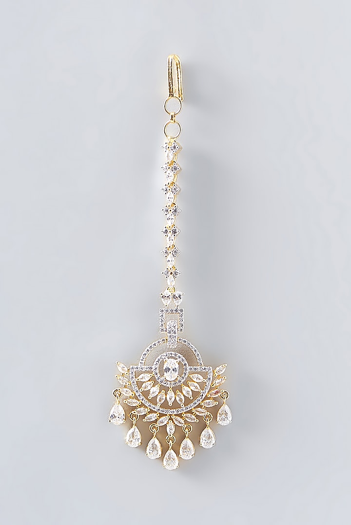 Gold Finish Faux Diamond & Pearl Maangtikka by Aster at Pernia's Pop Up Shop