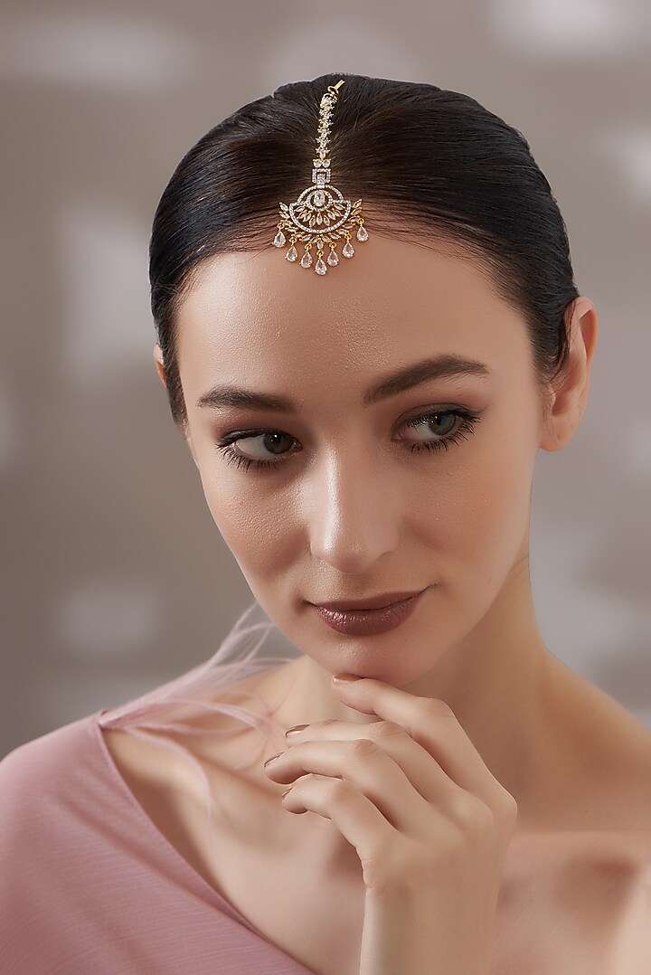 Gold Finish Faux Diamond & Pearl Maangtikka by Aster at Pernia's Pop Up Shop