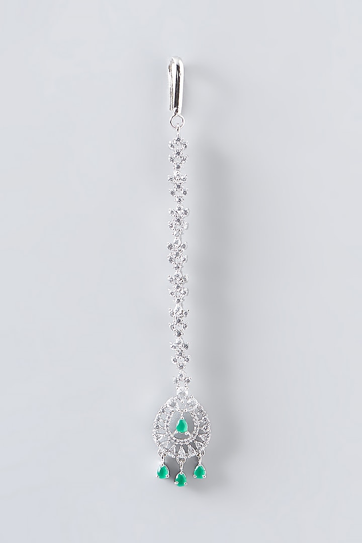 White Finish Faux Diamond & Green Stone Maangtikka by Aster at Pernia's Pop Up Shop
