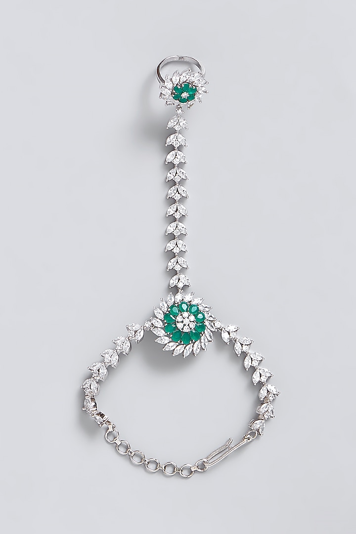White Finish Faux Diamond & Green Stone Hathphool by Aster at Pernia's Pop Up Shop
