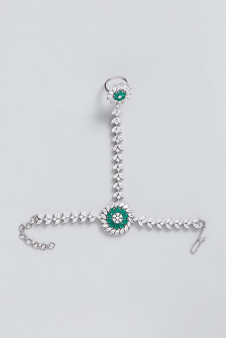 White Finish Faux Diamond & Green Stone Hathphool by Aster at Pernia's Pop Up Shop