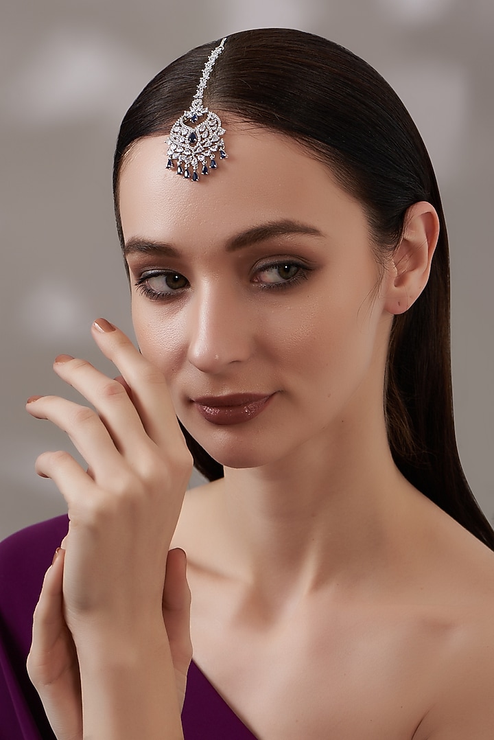 White Finish Blue Stone Maangtikka by Aster at Pernia's Pop Up Shop