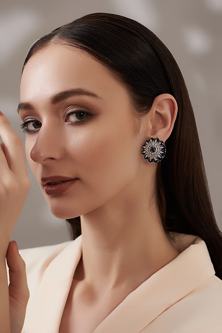 White Finish Blue Stone Stud Earrings by Aster at Pernia's Pop Up Shop