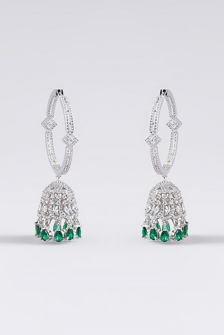 White Finish Faux Diamond & Green Synthetic Stone Hoop Earrings by Aster at Pernia's Pop Up Shop