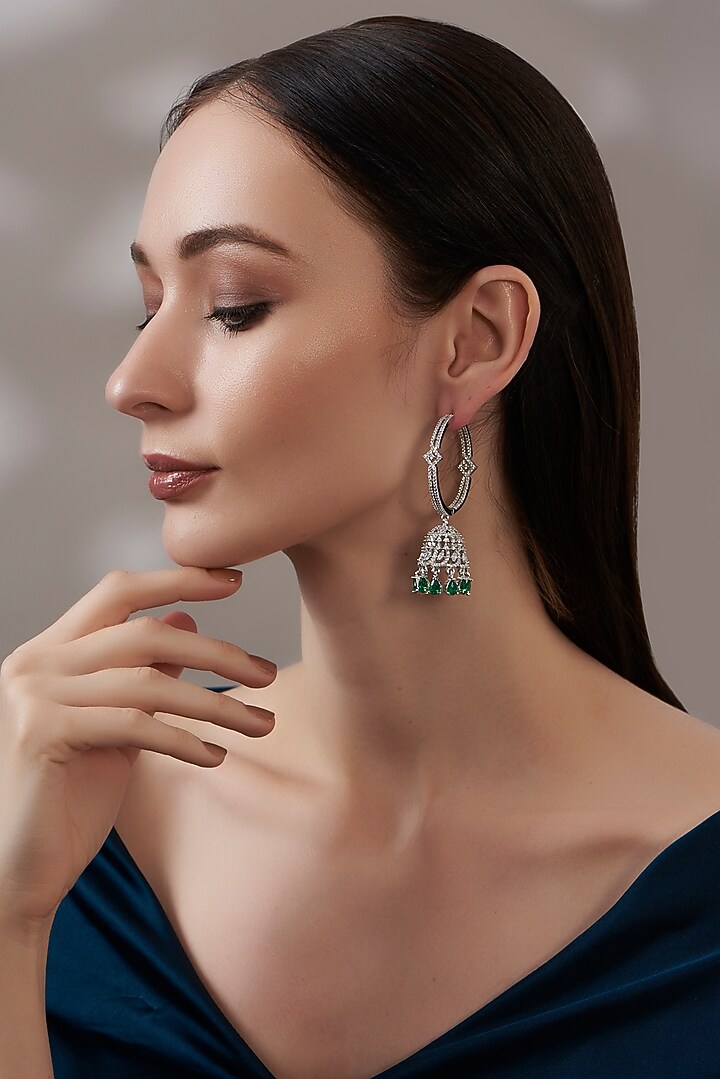 White Finish Faux Diamond & Green Synthetic Stone Hoop Earrings by Aster at Pernia's Pop Up Shop