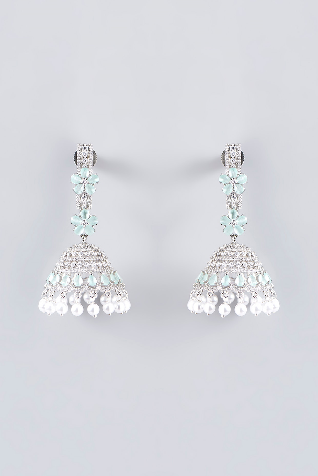 Silver plated American Diamond jhumka earrings | Fusion Vogue