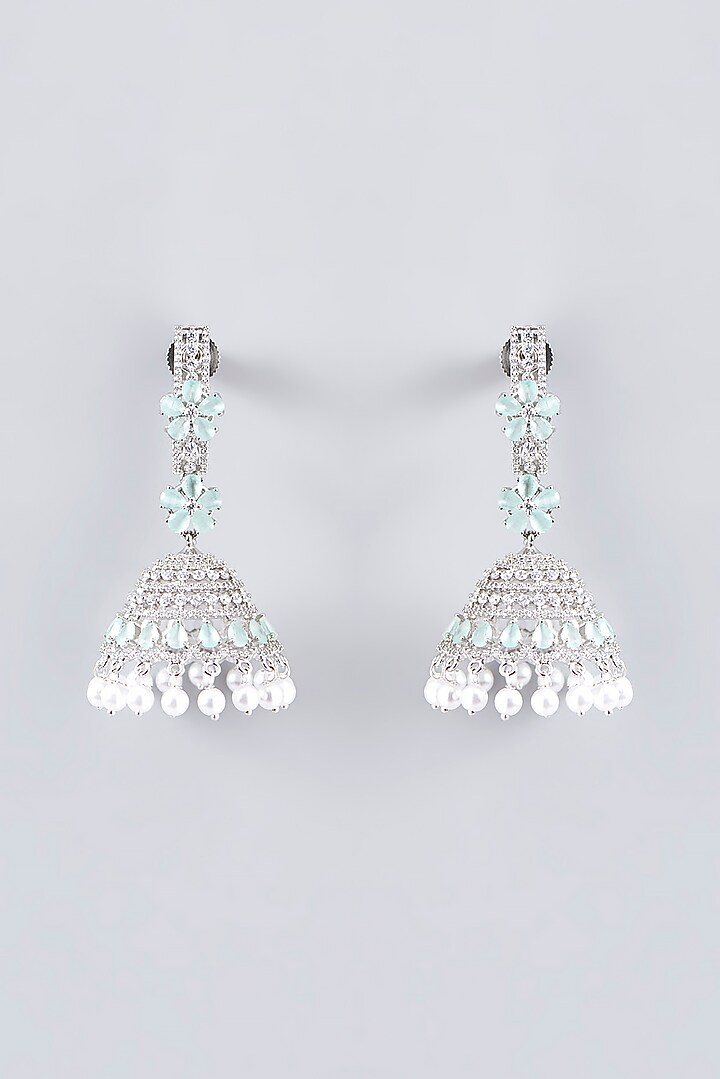 White Finish Aqua Blue Stones & Zircons Jhumka Earrings by Aster at Pernia's Pop Up Shop