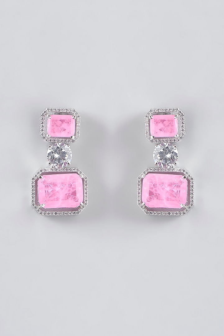 White Finish Faux Doublet Diamond & Pink Stone Dangler Earrings by Aster at Pernia's Pop Up Shop