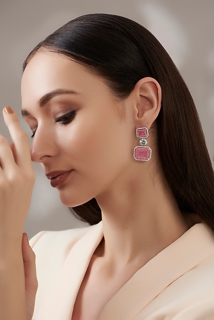 White Finish Faux Doublet Diamond & Pink Stone Dangler Earrings by Aster at Pernia's Pop Up Shop